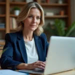 Femme professionnelle travaillant depuis chez elle sur un ordinateur portable pour accéder à un réseau d'entreprise à distance