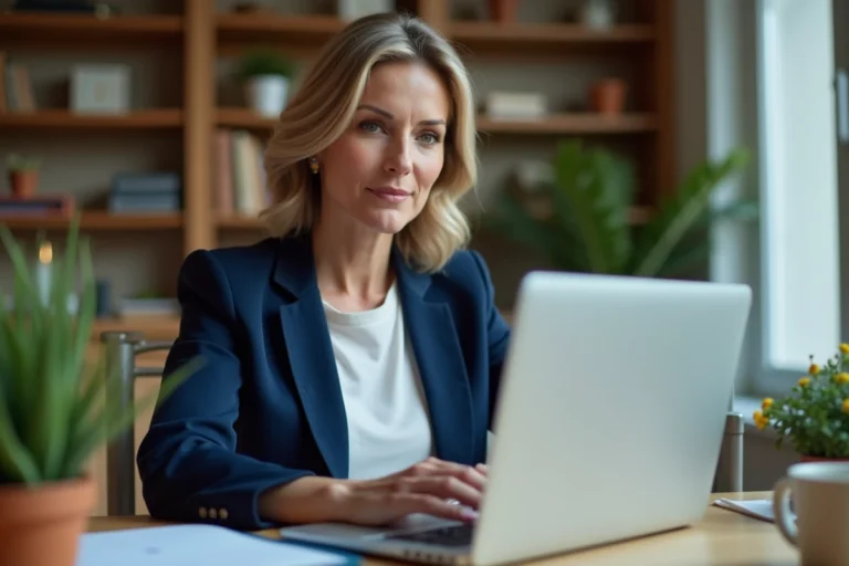 Femme professionnelle travaillant depuis chez elle sur un ordinateur portable pour accéder à un réseau d'entreprise à distance