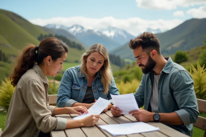 Groupe de personnes en Nouvelle-Zélande discutant de documents sur l'adaptation climatique, pays parmi les moins vulnérables au réchauffement en 2050