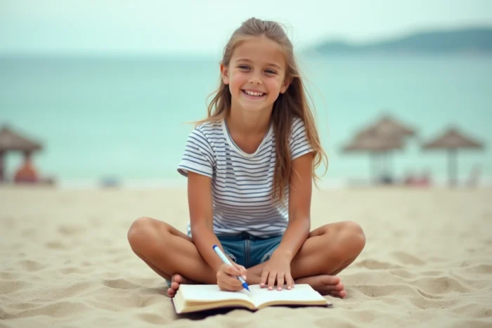 Adolescente écrivant dans un journal sur la plage pendant les vacances d'été