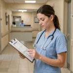 Aide-soignante consultant le référentiel de compétences 2026 dans un couloir d'hôpital