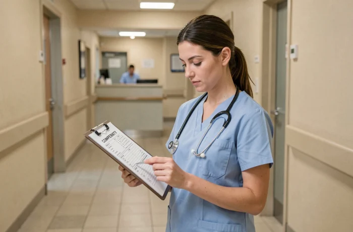 Aide-soignante consultant le référentiel de compétences 2026 dans un couloir d'hôpital