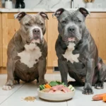 American Bully assis devant un bol de nourriture saine équilibrée composée de légumes frais et de poulet dans une cuisine moderne