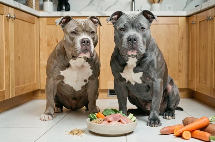 American Bully assis devant un bol de nourriture saine équilibrée composée de légumes frais et de poulet dans une cuisine moderne