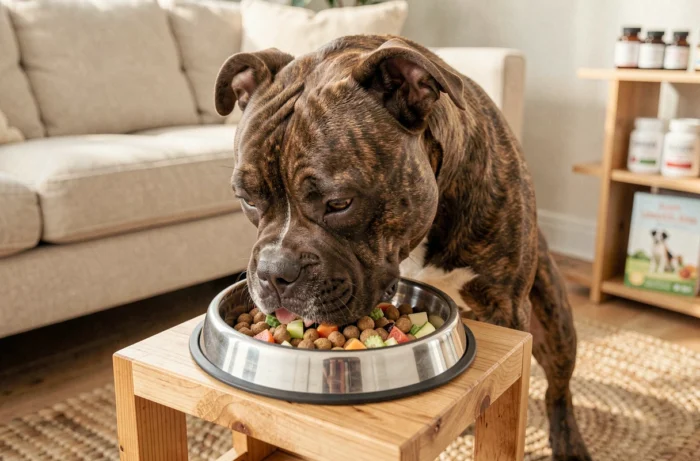 American Bully brindle mangeant dans une gamelle surélevée en inox remplie de croquettes et d'aliments frais dans un salon chaleureux