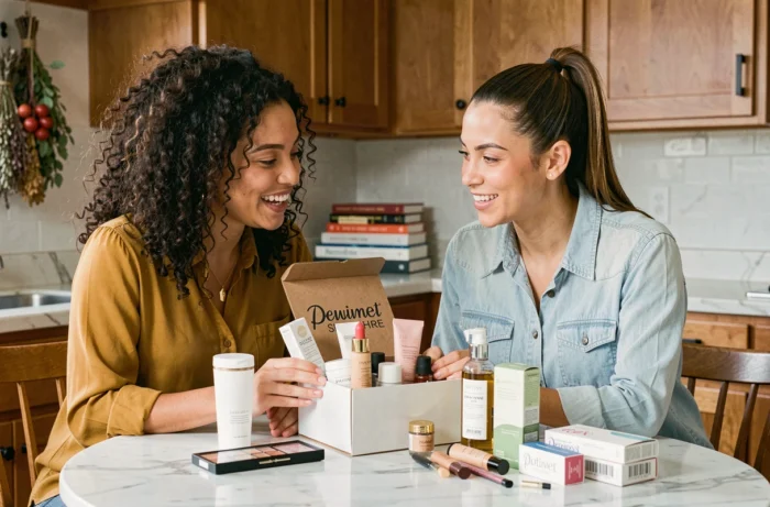 Deux femmes comparant les produits d'une box beauté mensuelle autour d'une table de cuisine dans une ambiance conviviale