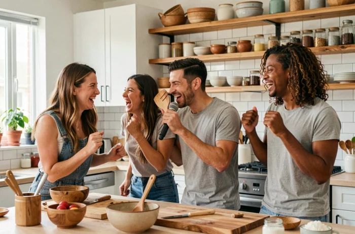 Groupe d'amis dansant et riant dans une cuisine moderne, animés par des chansons entraînantes et festives