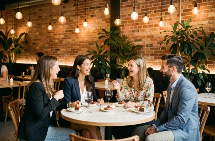 Groupe d'amis attablés dans un restaurant pour fêter le retour de noces des mariés