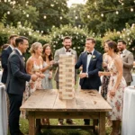 Invités de mariage jouant au Jenga géant en bois lors d'une réception en plein air avec décoration champêtre