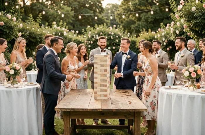 Invités de mariage jouant au Jenga géant en bois lors d'une réception en plein air avec décoration champêtre