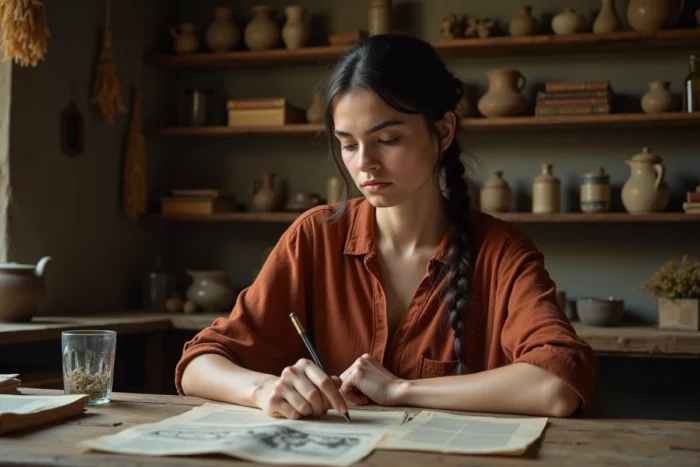 Jeune femme étudiant des archives paranormales dans une ferme alsacienne ancienne