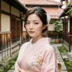 Femme japonaise en yukata pastel dans une ruelle traditionnelle de Kyoto, illustrant les critères de beauté classiques japonais