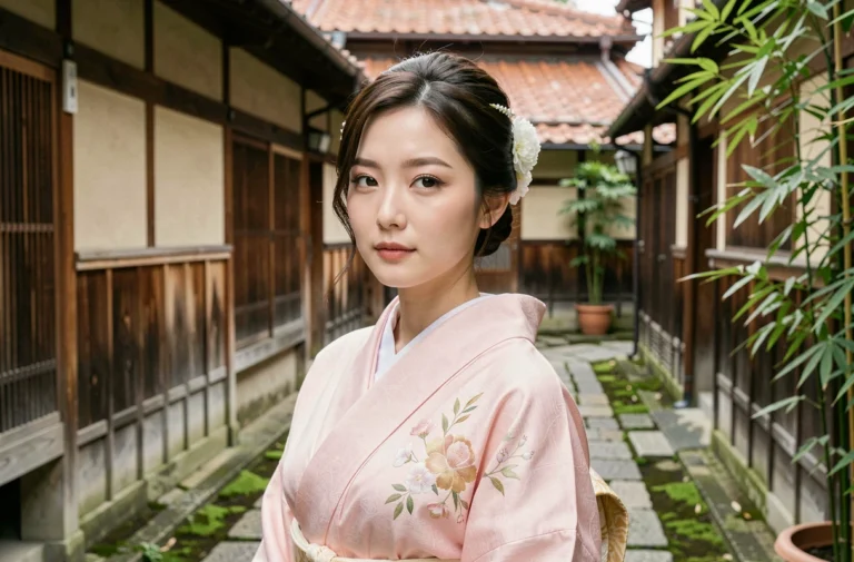 Femme japonaise en yukata pastel dans une ruelle traditionnelle de Kyoto, illustrant les critères de beauté classiques japonais