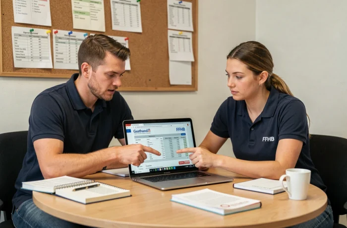 Two volunteers from a handball club analyzing accounting data extracted from Gesthand together