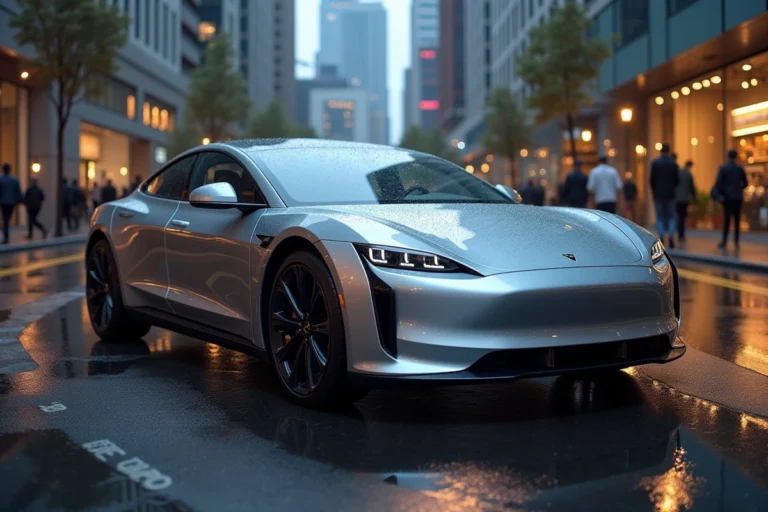 Berline électrique moderne garée dans une rue urbaine sous la pluie, reflets sur la carrosserie argentée avec architecture contemporaine en arrière-plan