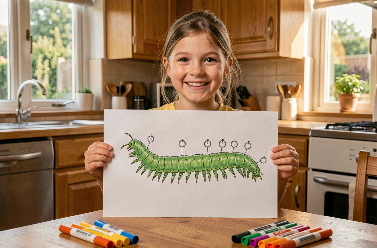 Enfant tenant un dessin de mille-pattes toujours en retard en référence à la blague