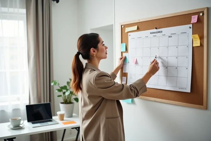 Femme entrepreneur épinglant un calendrier de gestion trimestriel sur un tableau de liège dans son bureau pour planifier son premier trimestre