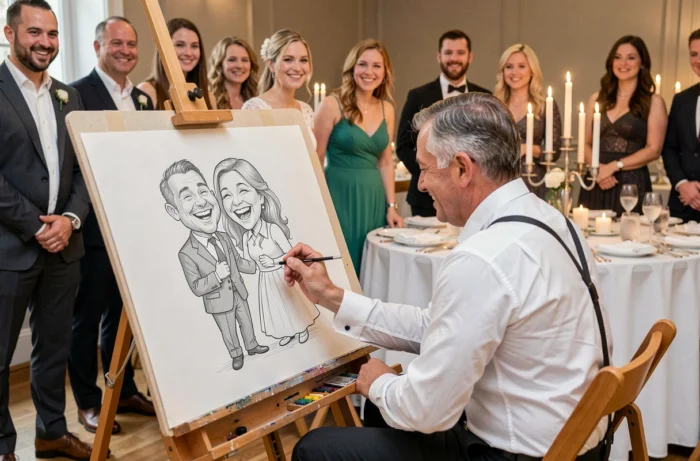 Caricaturiste dessinant les mariés et leurs invités lors d'une animation originale de soirée de mariage