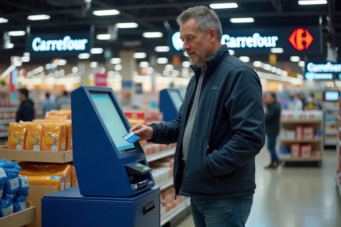 Homme utilisant une carte American Express sur une caisse automatique en libre-service dans un hypermarché Carrefour