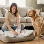 Femme retirant les draps du panier de son chien après un traitement vermifuge, golden retriever assis à côté dans un salon chaleureux