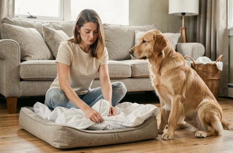 Femme retirant les draps du panier de son chien après un traitement vermifuge, golden retriever assis à côté dans un salon chaleureux