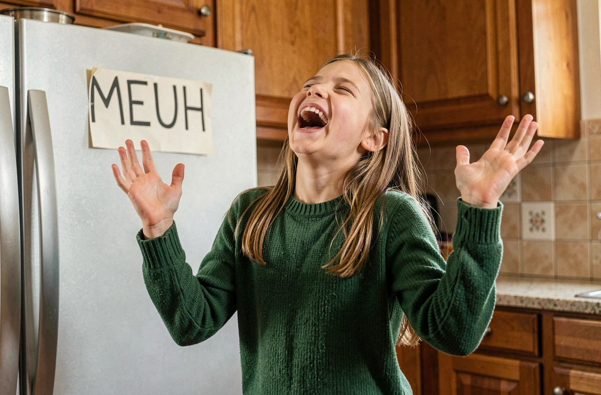 Enfant chantant une chanson en remplaçant tous les mots par « meuh »