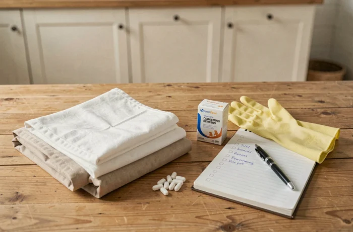 Vue de dessus d'une literie propre pliée avec un vermifuge vétérinaire, gants et checklist sur une table en bois, guide hygiène animal