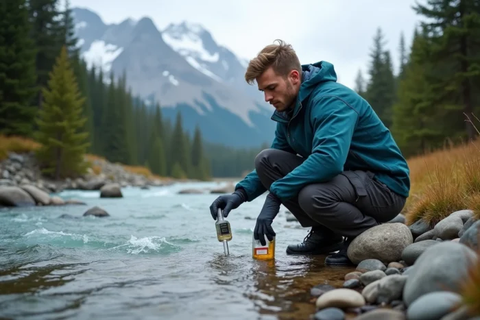 Chercheur prélevant des échantillons d'eau dans un torrent alpin canadien, illustrant les écosystèmes préservés des pays les moins touchés par le réchauffement climatique
