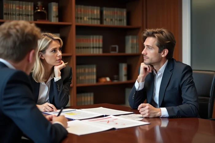 Femme entrepreneur discutant du choix de statut juridique avec un conseiller juridique devant des documents officiels dans un cabinet