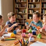 Groupe d'enfants joyeux autour d'une table tenant des cocottes en papier colorées