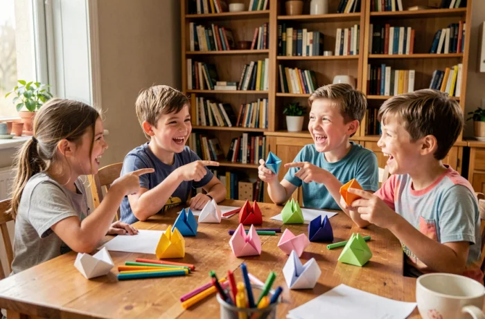 Groupe d'enfants joyeux autour d'une table tenant des cocottes en papier colorées