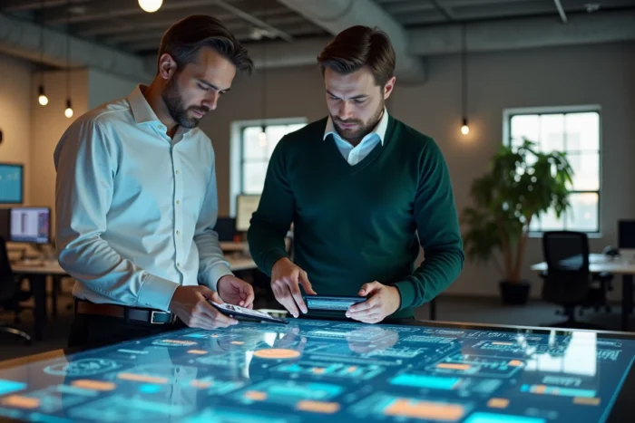 Deux professionnels de la fintech collaborant sur des stratégies de trading crypto et blockchain dans un open space moderne