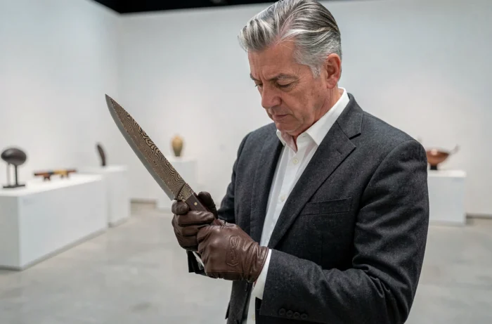 Collectionneur élégant tenant précautionneusement un couteau rare en acier Damascus dans une galerie privée contemporaine