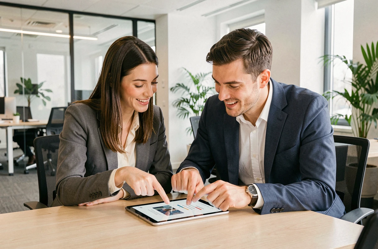 Deux collègues comparant des entreprises fiables en ligne sur une tablette dans un bureau moderne