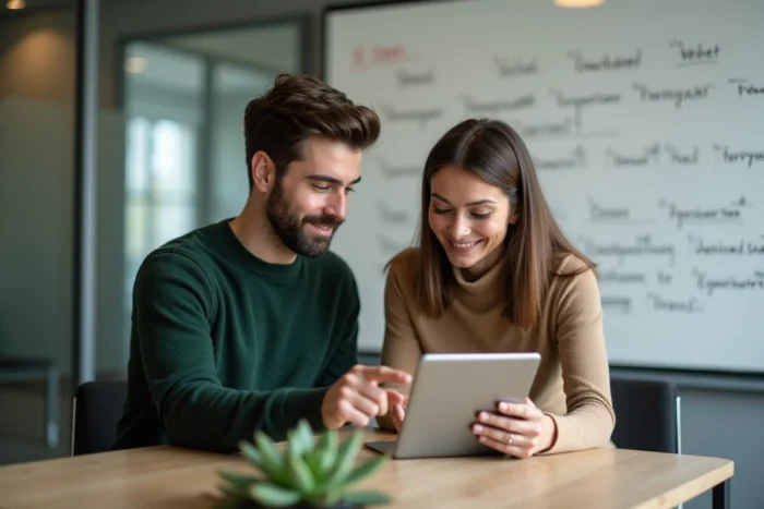 Deux collègues discutant des meilleures alternatives professionnelles à 'à vous lire' dans un email autour d'une tablette en salle de réunion