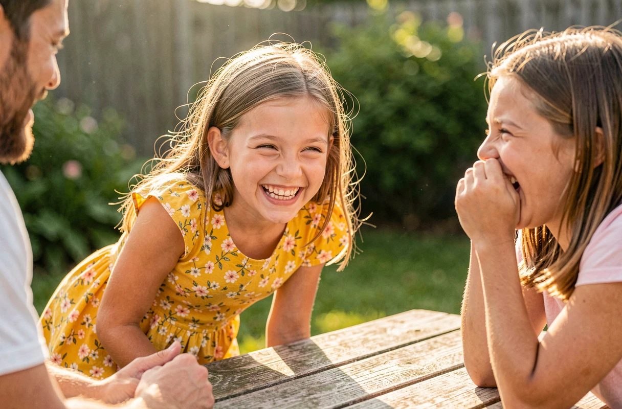 Fillette faisant un compliment farfelu en riant à son voisin de gauche