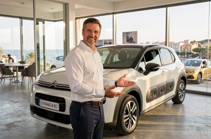 Vendeur Citroën présentant le nouveau modèle ë-C3 dans une concession automobile de Cannes