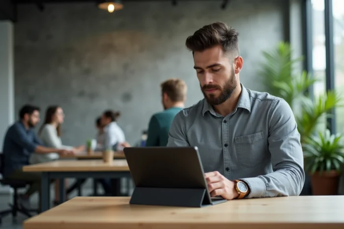 Homme consultant un portail d'entreprise sur tablette depuis un espace de coworking en dehors du bureau