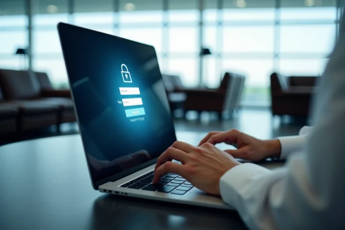 Connexion sécurisée à un portail professionnel sur ordinateur portable depuis un salon d'aéroport en déplacement
