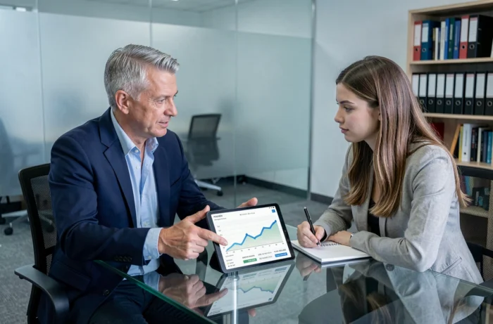 Conseiller immobilier présentant une simulation de prêt flexible à une cliente dans une agence moderne