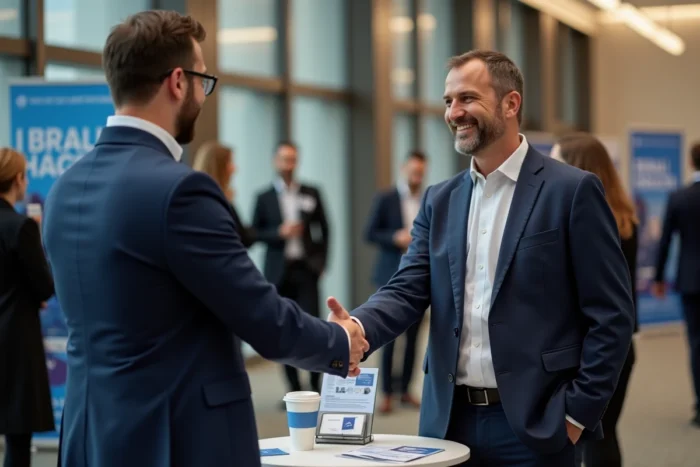 Homme entrepreneur serrant la main d'un contact lors d'un événement de networking professionnel avant d'avoir besoin de clients