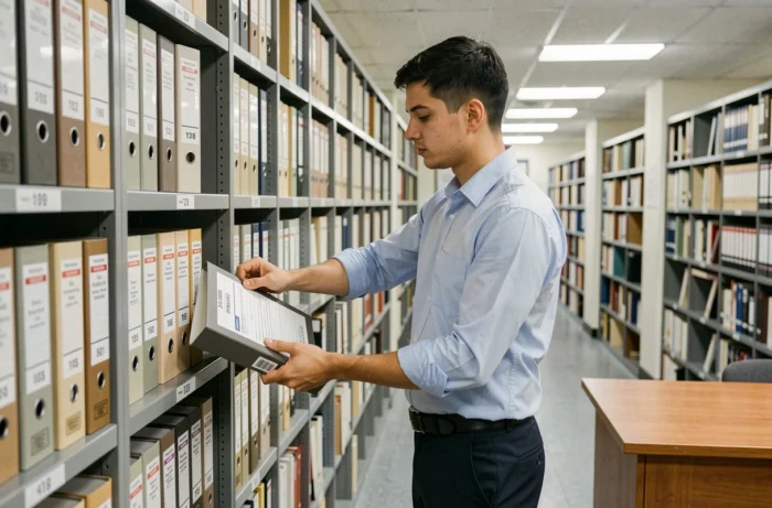 Jeune agent administratif consultant des archives de circulaires officielles dans une salle d'archivage gouvernementale