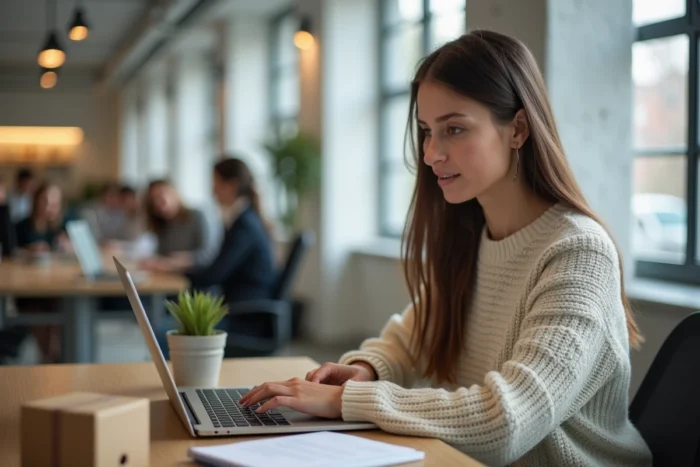 Professionnelle consultant des avis sur un service de transporteur depuis son bureau pour choisir le meilleur prestataire