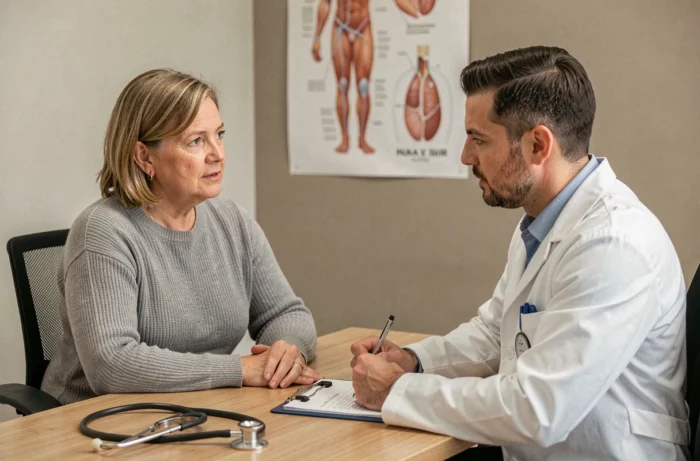 Une femme d'âge mûr en consultation médicale avec un médecin discutant de ses symptômes dans un cabinet moderne