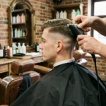Jeune homme recevant une coupe dégradé bas dans un salon de coiffure barbershop traditionnel