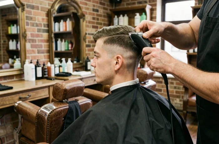 Jeune homme recevant une coupe dégradé bas dans un salon de coiffure barbershop traditionnel