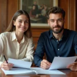 Couple de futurs mariés consultant les documents d'audition de mariage dans une mairie française