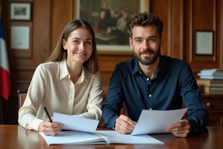 Couple de futurs mariés consultant les documents d'audition de mariage dans une mairie française