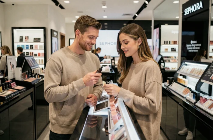 Couple discovering Typology skincare available at the counter of a Sephora store during a shopping session