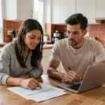 Couple étudiant des documents de prêt immobilier modulable autour d'une table en bois dans une cuisine moderne